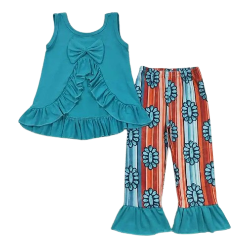 Turquoise Sleeveless Ruffle Shirt + Medallion Pants