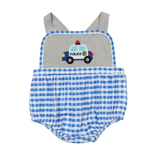 POLICE Car Blue/Gray Sleeveless Gingham Boys Romper