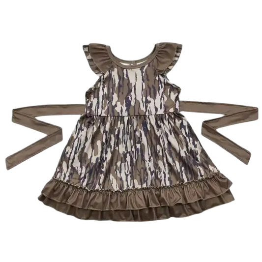 Camo Flutter Sleeve Tie Accent Dress Kids Western