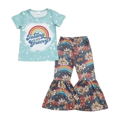 FEELING GROOVY Short Sleeve Shirt & Floral Flare Pants Set