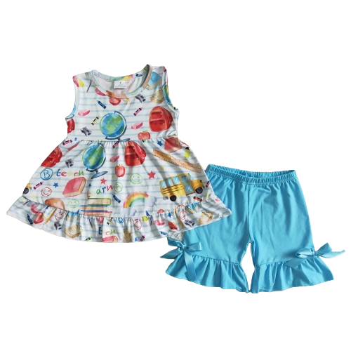 Kids Girls Back to School Outfit School Supplies Blue Ruffle