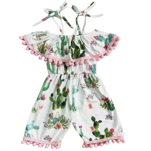 CACTUS FLORAL Pom-Pom Trim Off Shoulder Short Jumpsuit