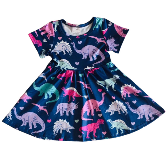 Girls Twirly Dress - Navy Purple Dinosaur Hearts