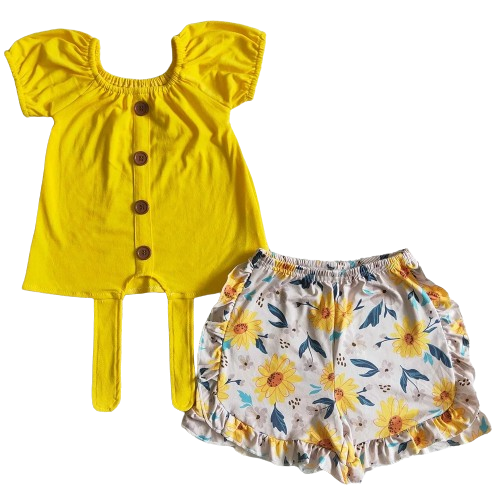 Girls Shorts Outfit Golden Yellow Floral Ruffle Kids