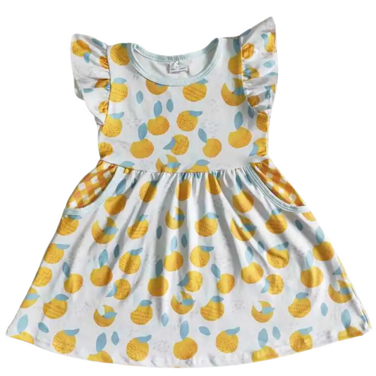 Girls Flutter Sleeve Dress - Oranges Twirly Fruit