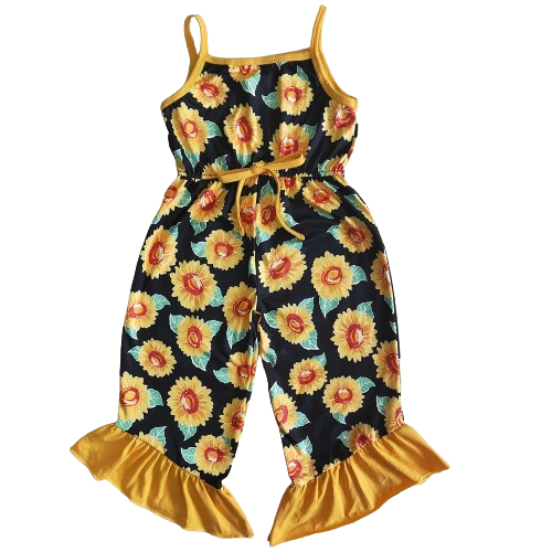 Girls Western Jumpsuit - Black Gold Sunflower Kids