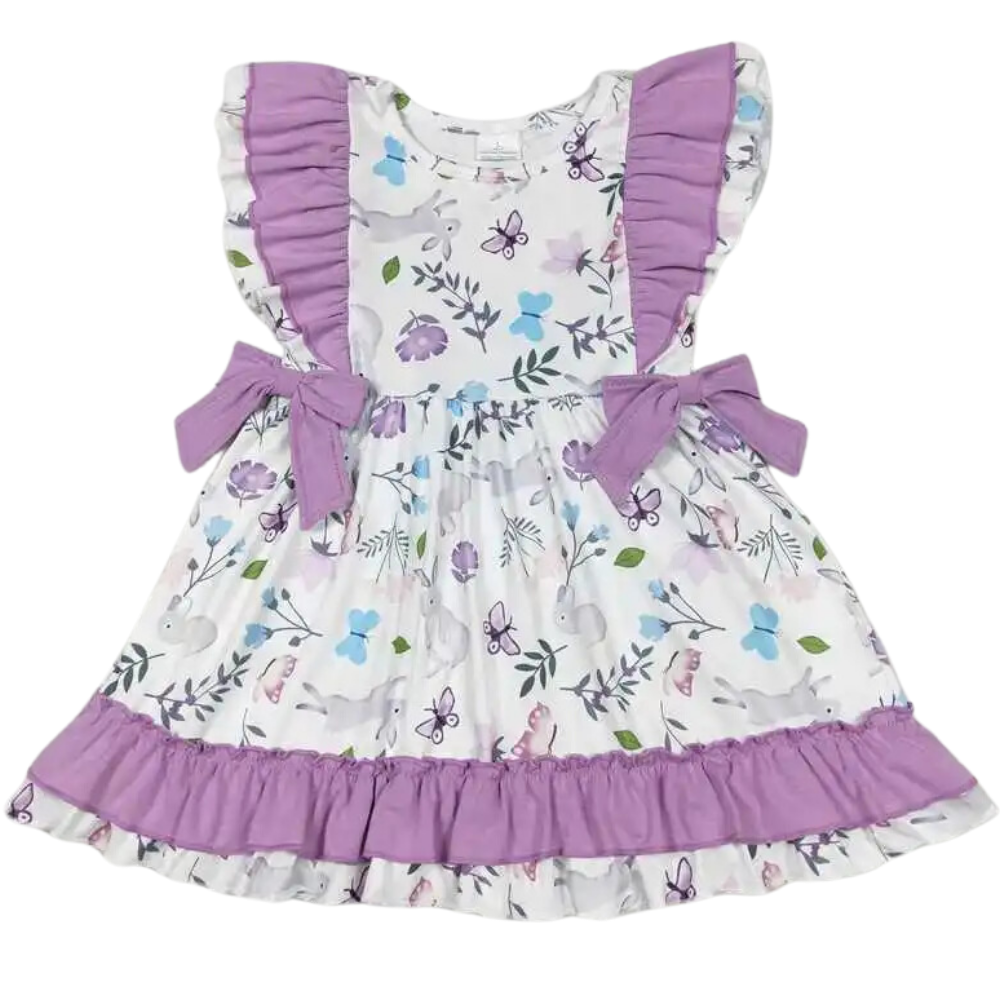 Floral Dress Purple Bow Accent Floral - Kids Clothing