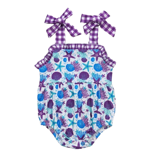 STARFISH & SHELLS Purple Gingham Sleeveless Girls Romper