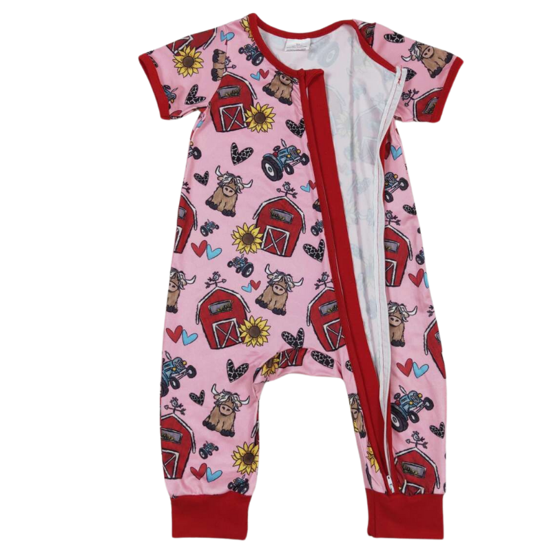 COW FARM Baby Girl Short Sleeve Zip Jumpsuit / Romper