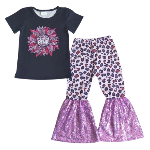 Pink Sequin Sunflower Leopard - Western Bell Bottom Set Kids