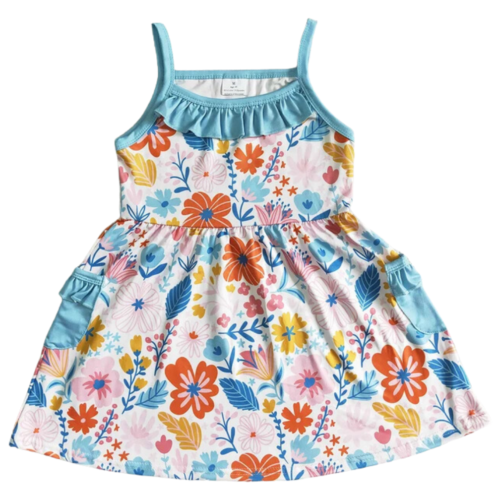 FLORAL Orange Yellow & Blue Ruffle Trim Sleeveless Dress