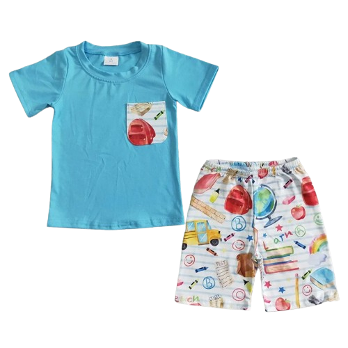 Kids Boys Back to School Outfit School Supplies Blue Shorts