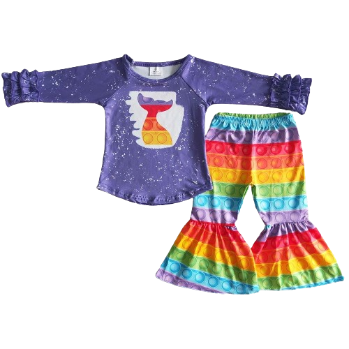 Girls Long Sleeve Bell Bottoms Outfit Rainbow Mermaid Fidget