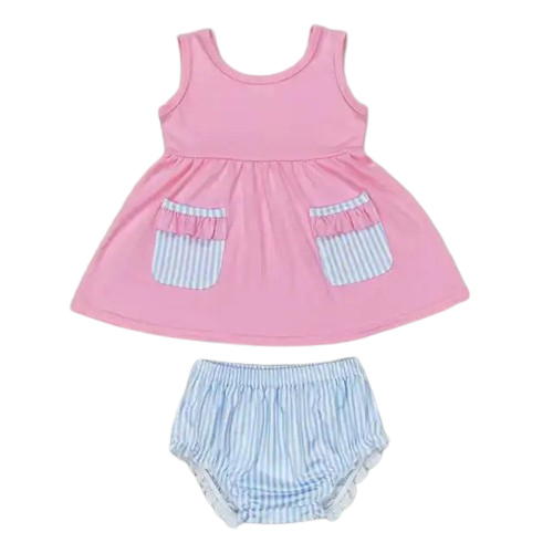 PINK&BLUE Sleeveless Top / Blue Stripe Pockets & Bummie Set