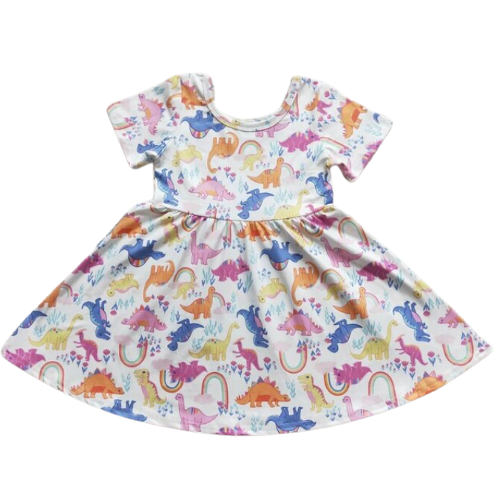 Whimsical Dress Pastel Rainbow Dinosaur Kids Clothing