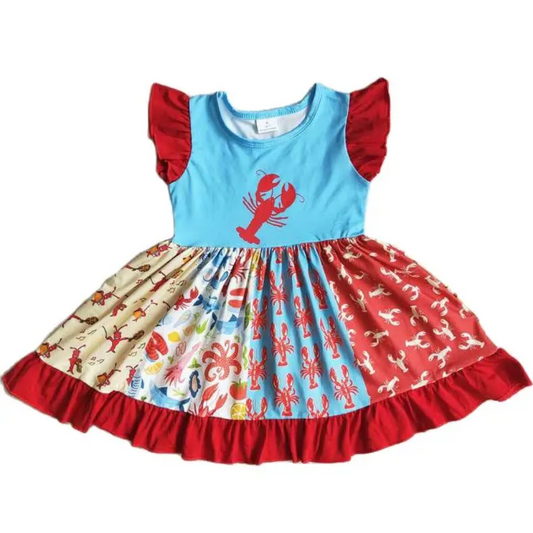 CRAWFISH Blue with Red Trim Sleeveless Girls Ruffle Dress