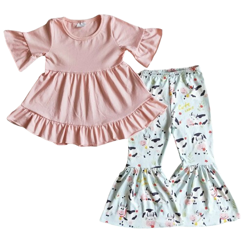 Trumpet Sleeve Pink Cow - Western Bell Bottom Outfit Kids