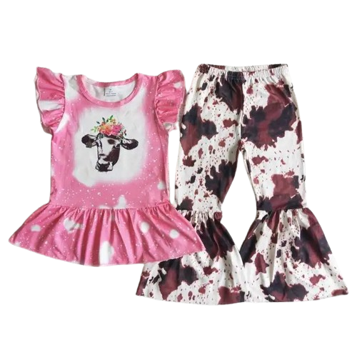 Girls Bell Bottom Pants Outfit Pink Cow Western Kids