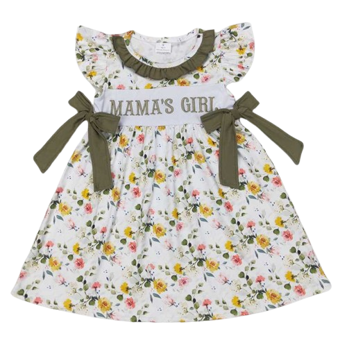 MAMA'S GIRL Olive Trim Floral Sleeveless Ruffle Dress