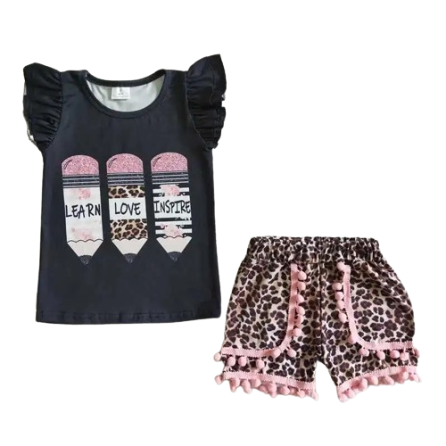 Kids Girls Back to School Outfit Learn Love Inspired Leopard