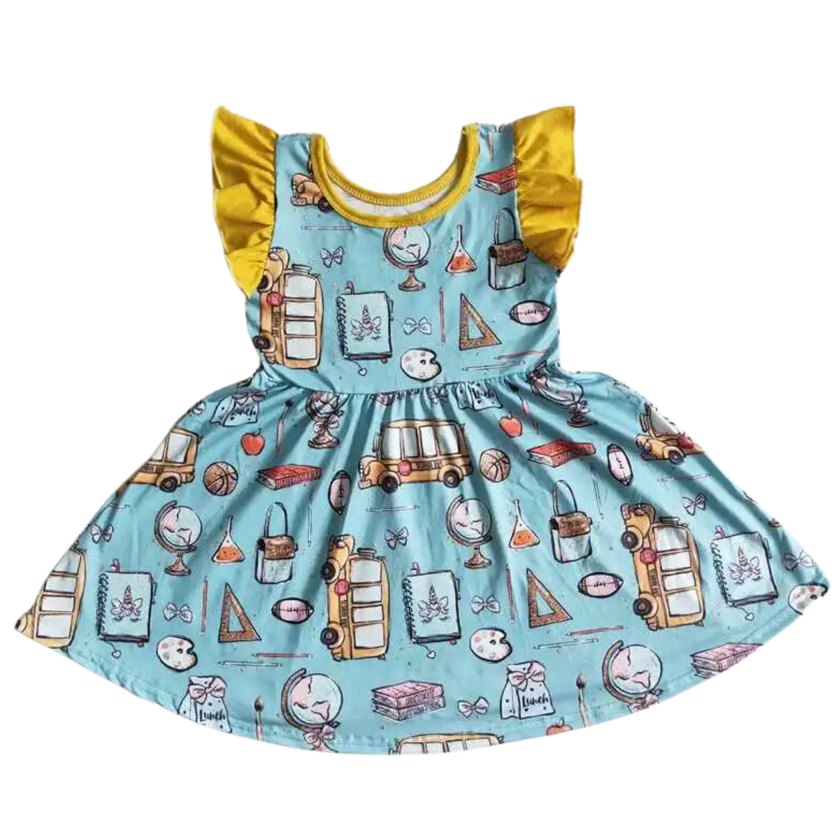 Girls Back to School Dress - Yellow School Supplies Flutter