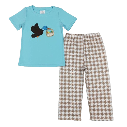 Stork Basket Short Sleeve Shirt & Tan Check Pants Kid