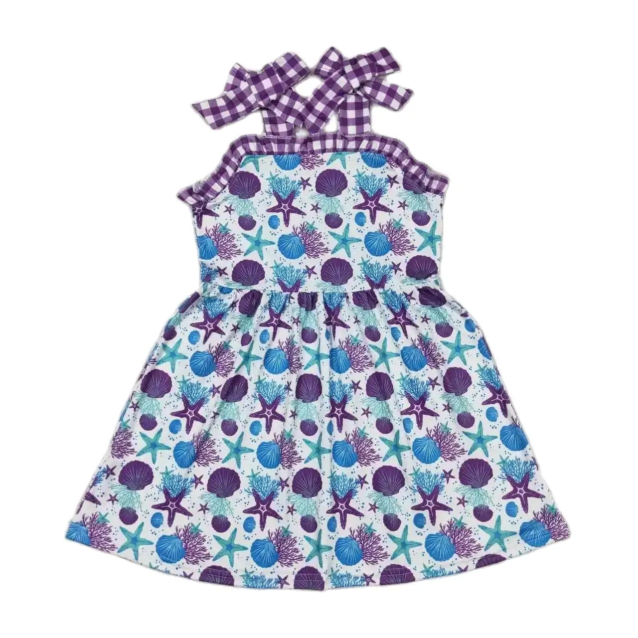 STARFISH & SHELLS Purple Gingham Sleeveless Tie Dress