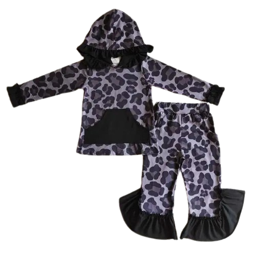 Long Sleeve Leopard Print Ruffle Hoodie & Ruffle Pants Set