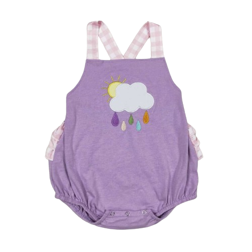 Purple Rainy Day Clouds Applique Baby Girls Bubble Romper