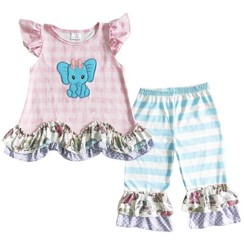 Elephant Flutter Sleeve & Stripe Ruffle Pants - Kid