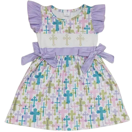 Floral Dress Purple Cross Flutter Sleeve Kids Clothes