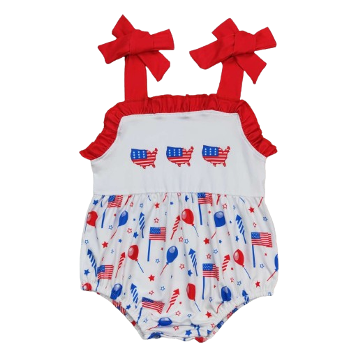 USA Fireworks - 4th of July Bubble Romper Red Blue Baby Girl