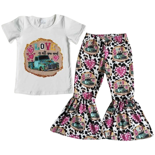 Pink Love Leopard Hearts - Western Bell Bottom Outfit Kids