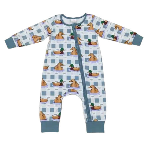 DUCKS-SQUARES Long Sleeve Zip Jumpsuit-Baby Boy Romper