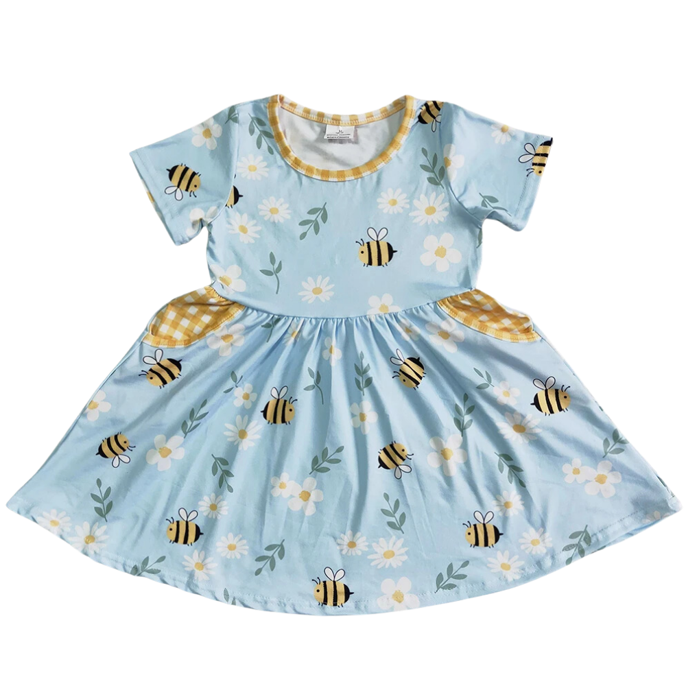 Whimsical Dress Bees In Blue - Kids Clothing