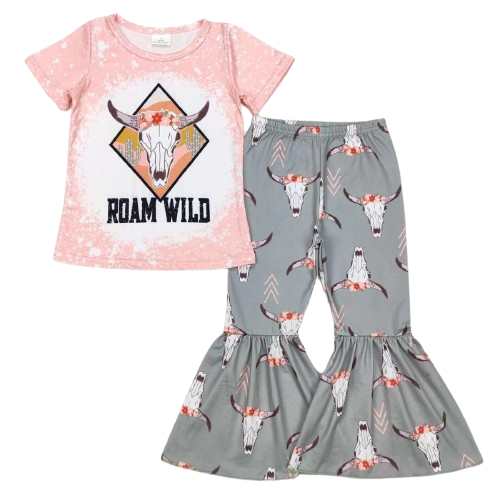 Roam Wild Steer Skull Western Bell Bottoms Outfit Kids Girls