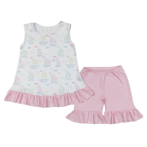 Kids Girls Shorts Outfit - Pink Sailboat Ruffle