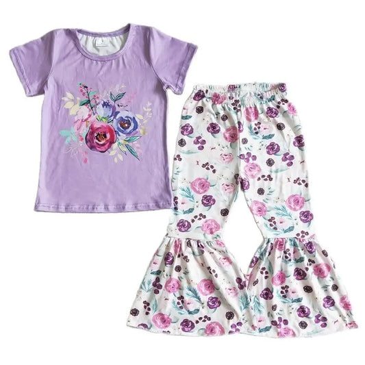 Purple Floral - Western Bell Bottom Outfit Kids Girls