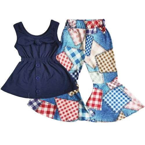 Girls Bell Bottom Pants Outfit - Navy Patchwork Kids