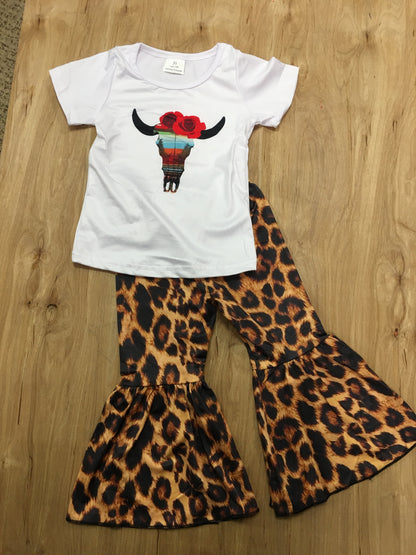 Leopard Steer Skull - Western Bell Bottom Outfit Kids Girls