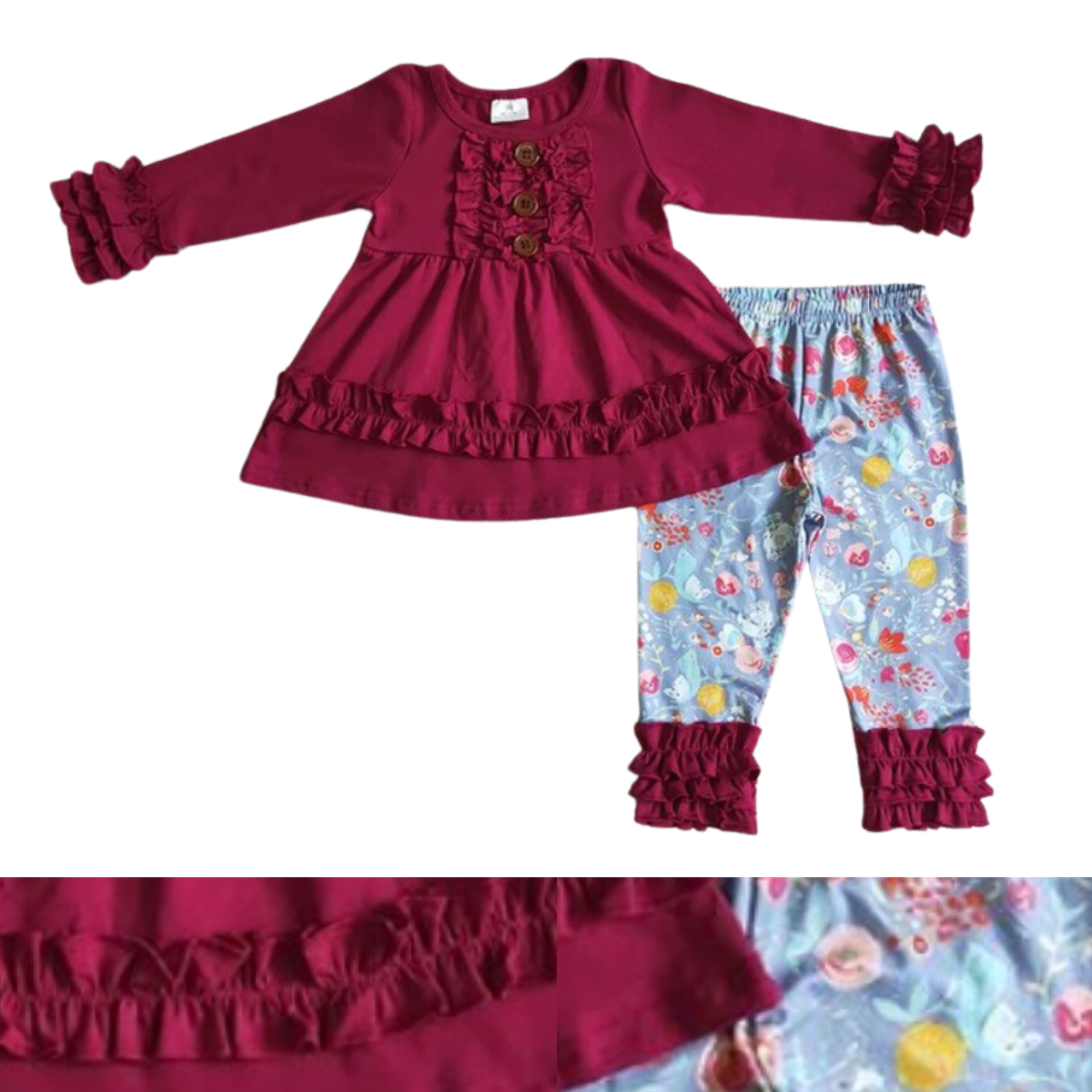 Floral Pants & Long Sleeve Solid Maroon Ruffle Shirt Autumn